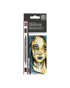 Marabu Graphix Aqua Pen 6 Metropolitan, kaksipäinen akvarellitussi, sivellin ja fineliner