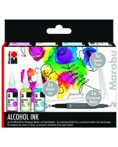 Marabu Alcohol Ink Set Flowers 3x20ml+tussi, värit 014, 020, 091 + 1 tussi ja 5 paperiark.