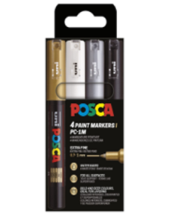 UNI POSCA Marker 4kpl PC-1M 0,7-1mm MONO, kulta hopea valk must