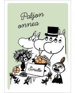 Kohopainettu postikortti Muumi - Muumit laulavat, "Sinulle", "Paljon onnea"