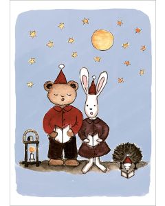 2-osainen kortti joulu Sari's Artwork - Nalle, pupu ja siili laulamassa