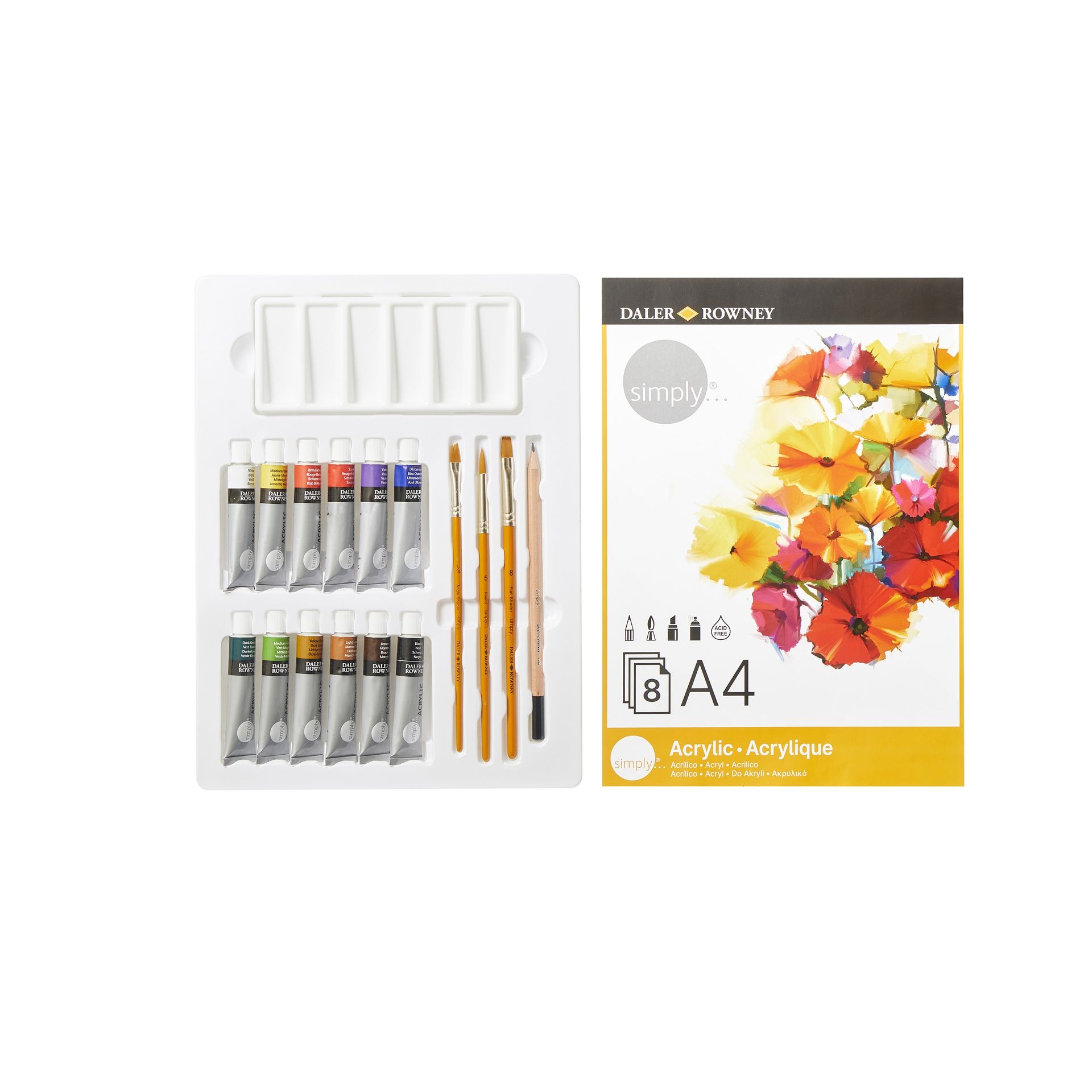 DR Simply Acrylic Set 25 pcs, 12 x akryylituubia 3 sivellintä kynä A4 paperiax 8