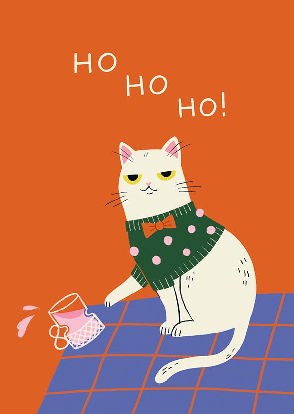 Joulukortti Kaisu Sandberg - "Ho ho ho!" Kissa kaataa glögin