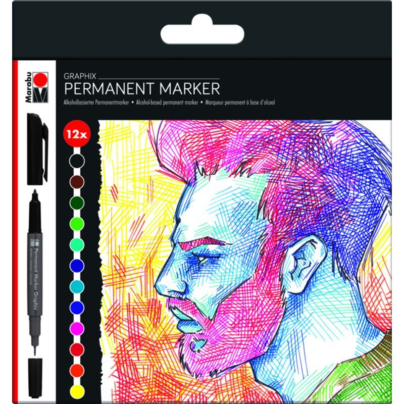 PA. Marabu Graphix Permanent 12 Significant, fineliner 0,5mm ja pyöreä 1-2mm