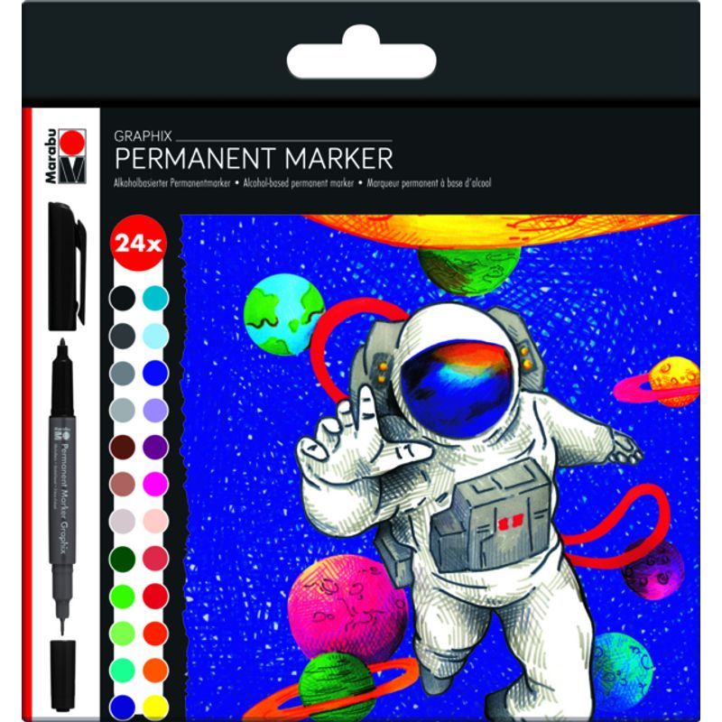 PA. Marabu Graphix Permanent 24 Hero of Galaxy, fineliner 0,5mm ja pyöreä 1-2mm