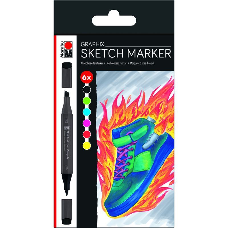 PA. Marabu Graphix Sketch 6 Heat basic shades, kaksipäinen, terävä ja taltta