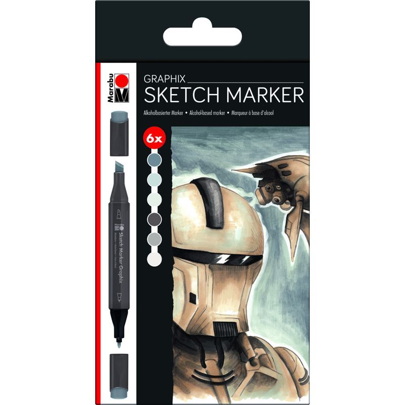 P. Marabu Graphix Sketch 6 Alpha Robot grey shade, kaksipäinen, terävä ja taltta
