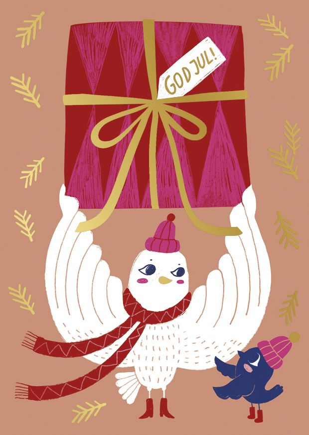 Postikortti joulu Mira Mallius - Linnut ja lahja, God jul!