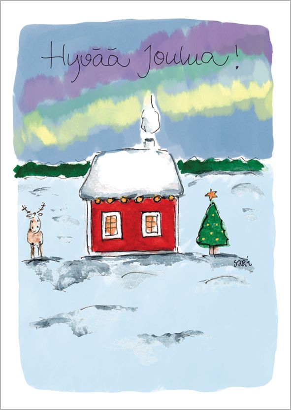 Postikortti joulu Sari's Artwork - "Hyvää joulua!" Mökki ja revontulet