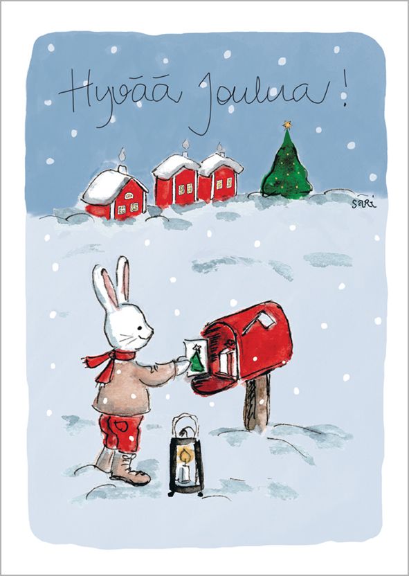 Postikortti joulu Sari's Artwork - "Hyvää joulua!" Pupu postilaatikolla