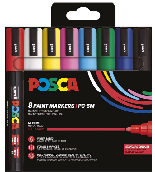 UNI POSCA Marker 8 kpl PC-5M 1,8-2,5mm perusvärit