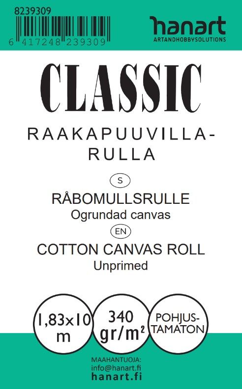 Classic Raakapuuvillarulla Cotton Duck 340g 1,83x10m pohjustamaton