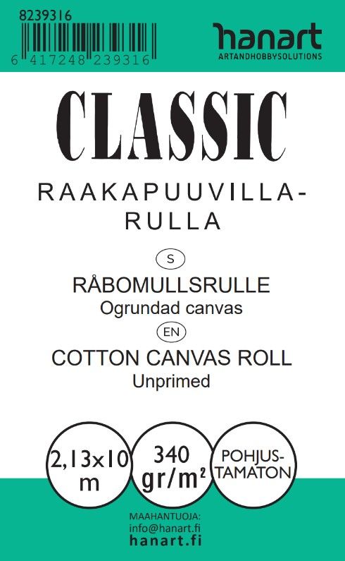 Classic Raakapuuvillarulla Cotton Duck 340g 2,13x10m pohjustamaton