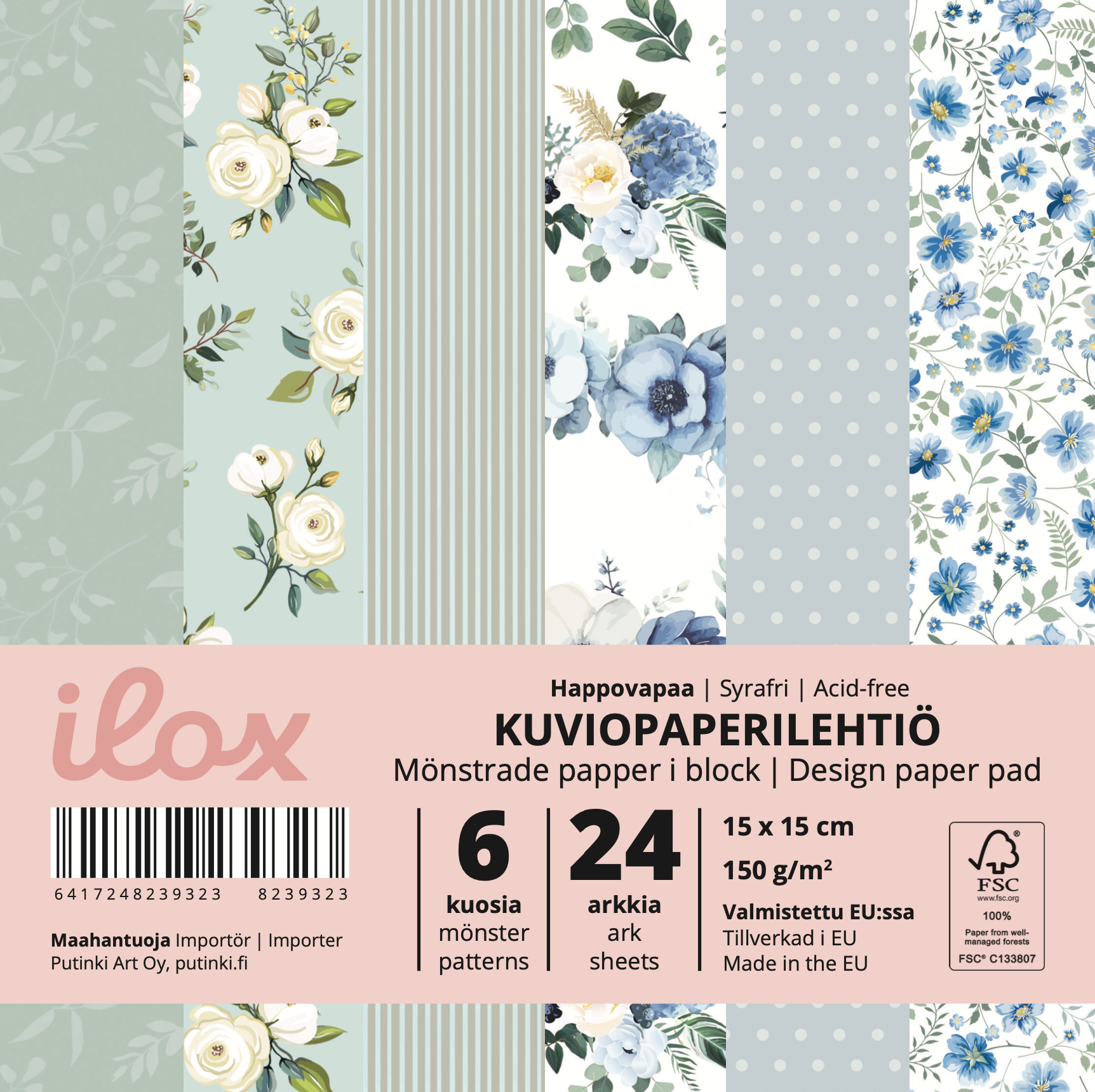 ILOX Kuviopaperilehtiö 15x15 cm 24 arkkia Pikkukukat sininen