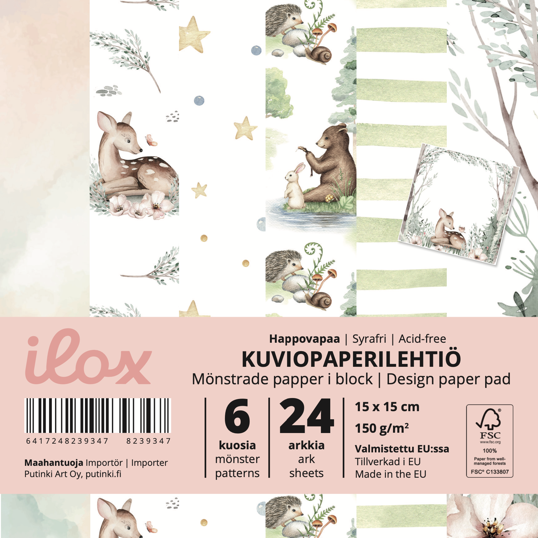 ILOX Kuviopaperilehtiö 15x15 cm 24 arkkia Metsän eläimet
