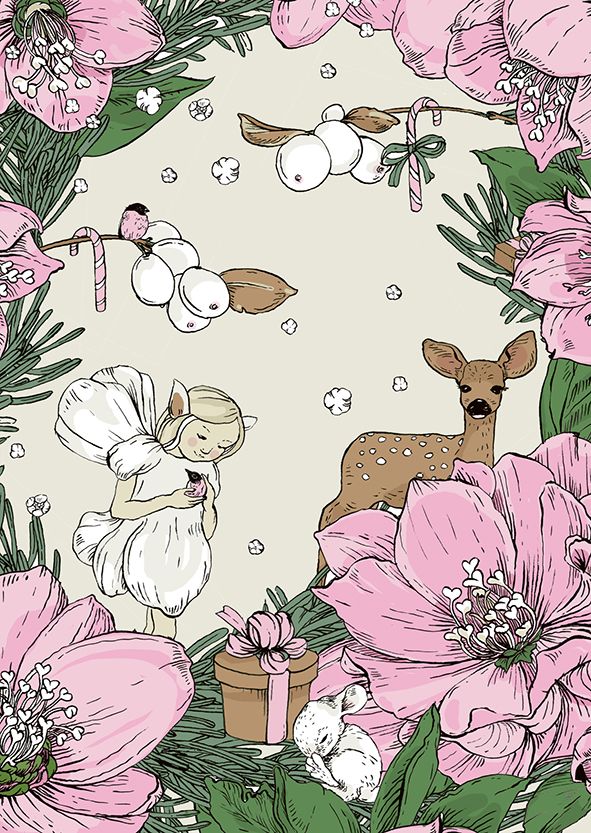 Postikortti joulu Nuppu - Keiju, lumimarjat ja bambi