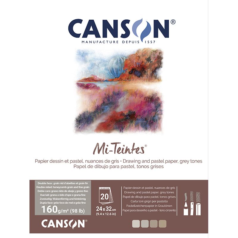 Canson Mi-teintes 160g (20) 24x32 Grey shades, pastellilehtiö harmaan sävyt, 4 sävyä