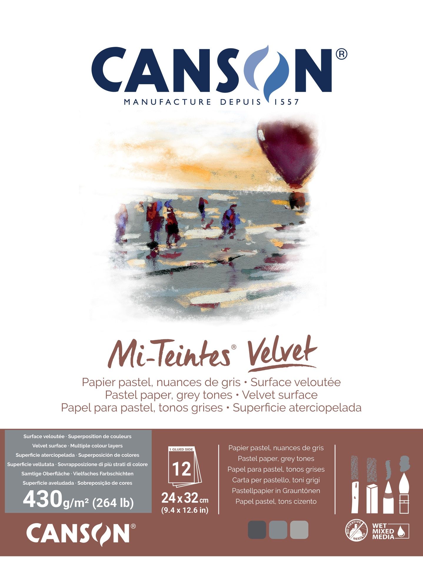 Canson Mi-Teintes Velvet 430g 24x32cm 12L harmaa, samettipintainen lehtiö