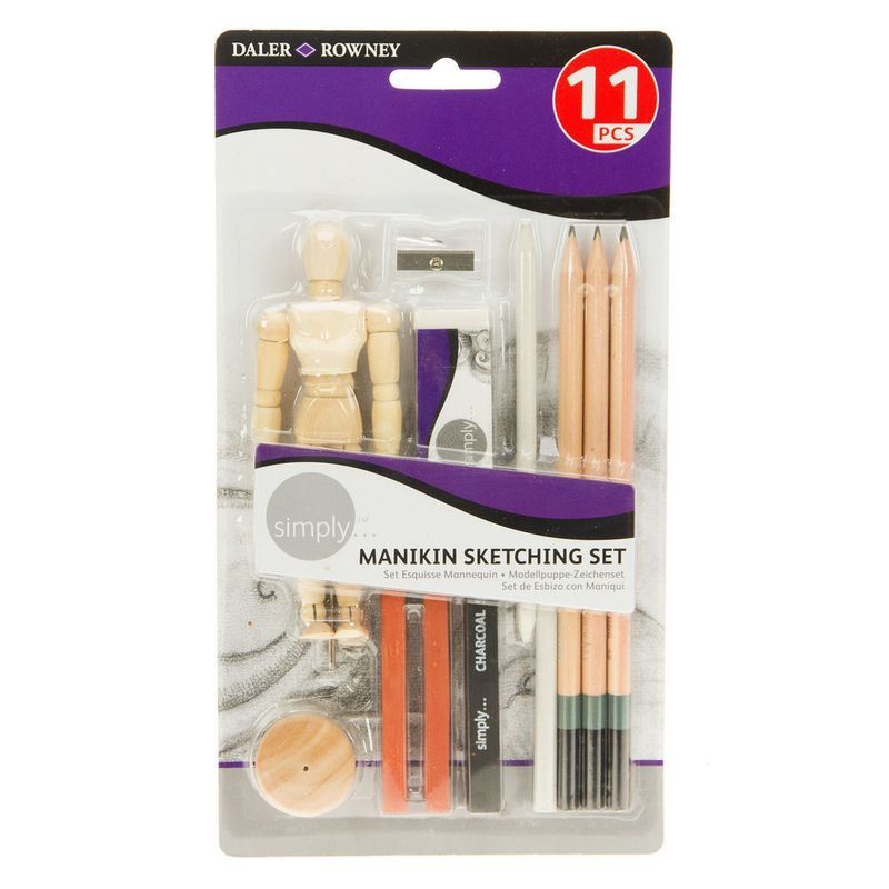 DR Simply Sketching Pencil Manikin Set, Sis. mm. mallinuken, hiiliä, kyniä yms.