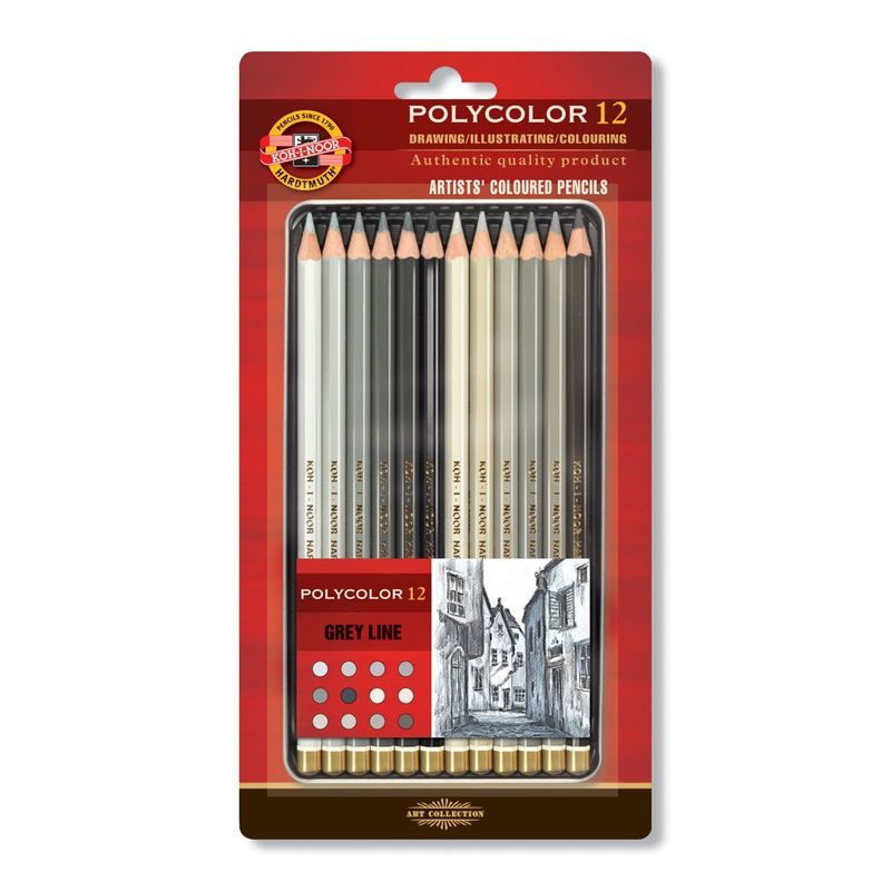 KOH Polycolor 12 Grey värikynälajitelma, harmaan sävyt metallirasia blister