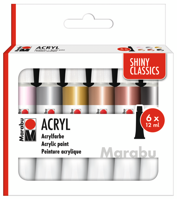 Marabu Akryylivärilajitelma Shiny Classics 6x12ml, metallic- sävyt rose, silver,gold,brnze,coper,blac