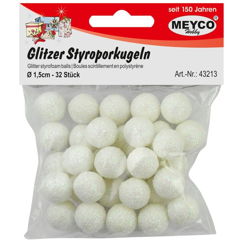 P. MEYCO Glitterstyroksipallot 1,5cm 32kpl, Valk.