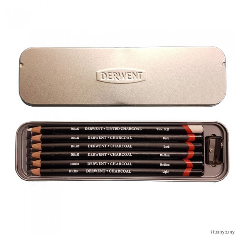 Derwent Charcoal 6 kynää metallirasiassa
