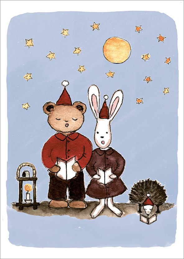 2-osainen kortti joulu Sari's Artwork - Nalle, pupu ja siili laulamassa