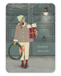 Joulukortti Johanna Ilander - "ihanaa joulua!" Joulukranssi kädessään