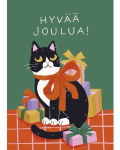 Joulukortti Kaisu Sandberg - Helvi-kissa rusetti kaulassa, Hyvää joulua!
