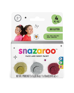 Snazaroo BIO glitter 15g kulta hopea punainen ja kiinnitysgeeli