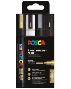UNI POSCA Marker 4kpl PC-5M 1,8-2,5mm MONO, kulta hopea valk musta