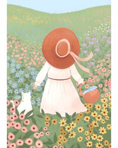 2-osainen kortti Kaisu Sandberg - Tyttö ja kissa kukkaniityllä
