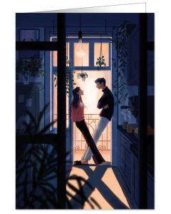 2-osainen kortti Quire - Tyttö ja poika oviaukossa