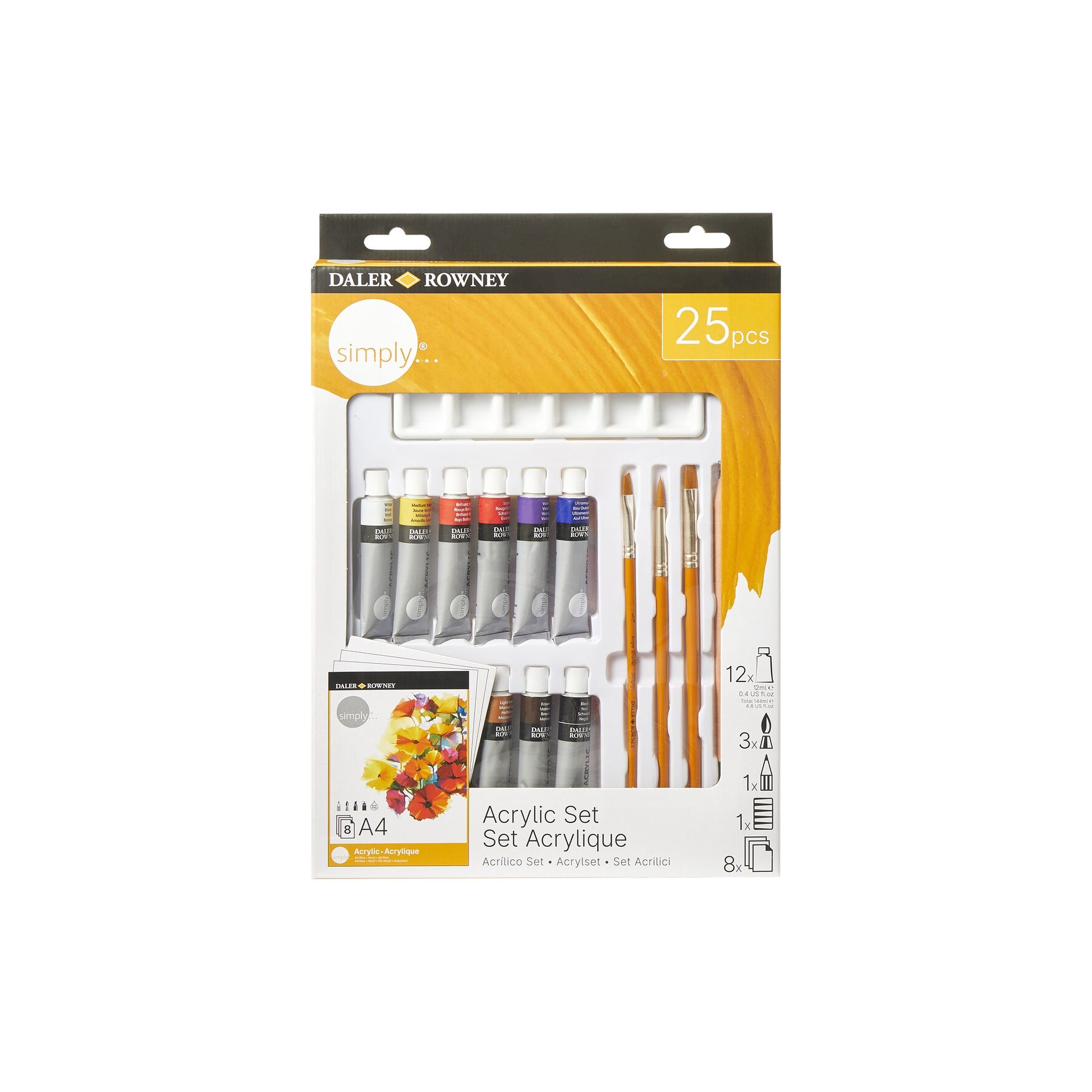 DR Simply Acrylic Set 25 pcs, 12 x akryylituubia 3 sivellintä kynä A4 paperiax 8