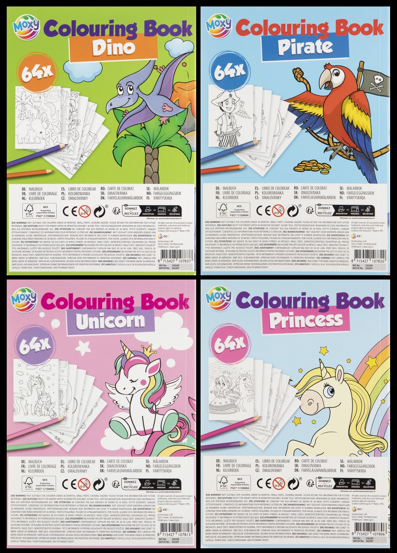 Värityskirja A5 64 sivua, lajitelma Yksisarvinen, Prinsessa, Dino, Merirosvo