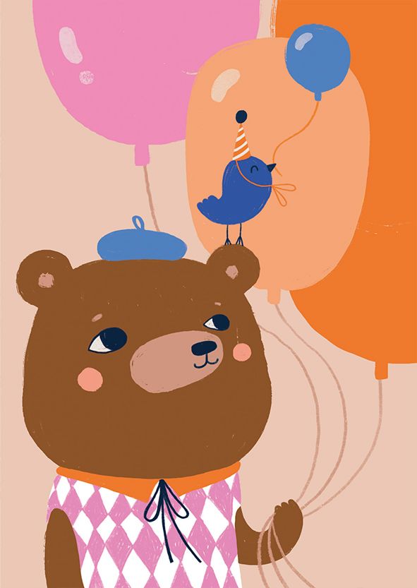 2-osainen kortti Mira Mallius - Karhu, lintu ja ilmapallot