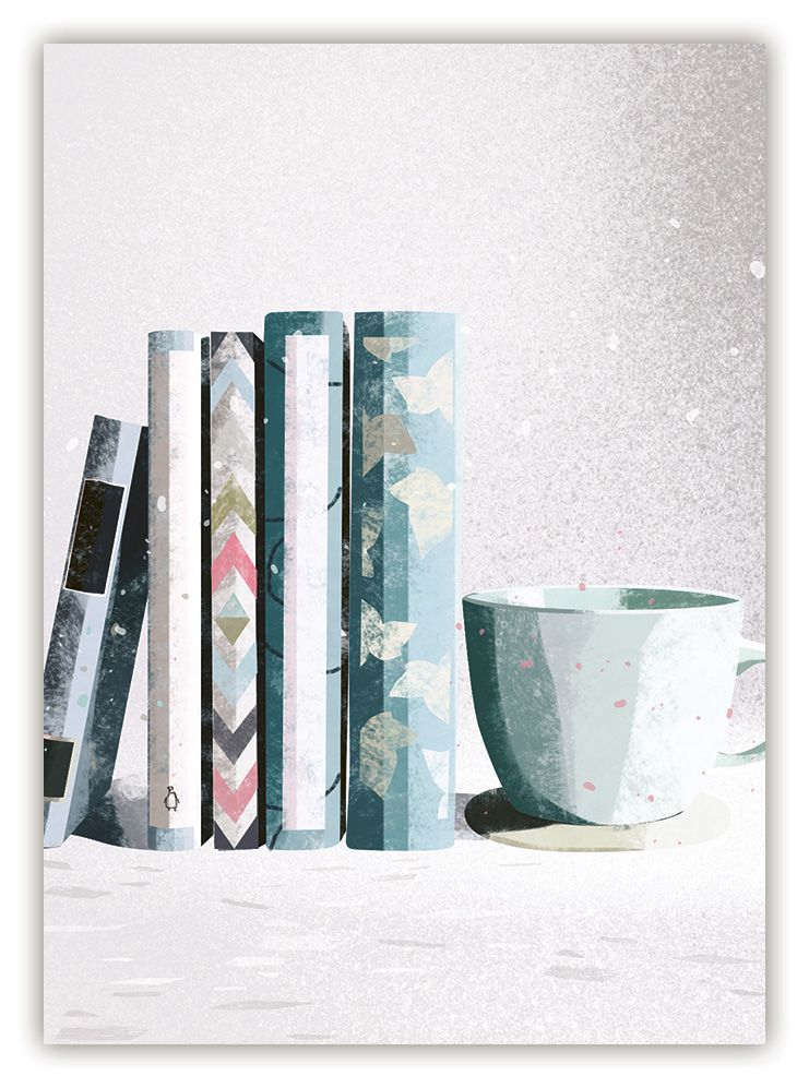 Postikortti Quire - Kirjoja ja kuppi hyllyllä