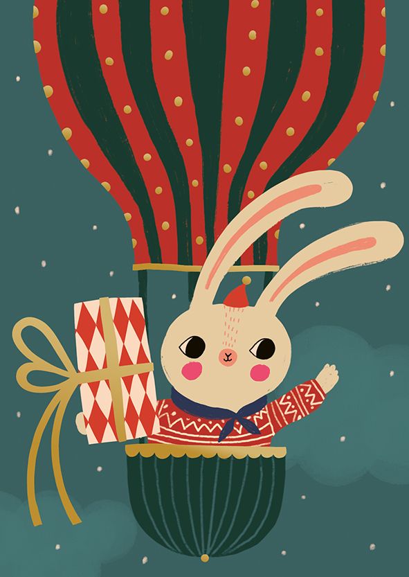 Postikortti joulu Mira Mallius - Pupu kuumailmapallossa