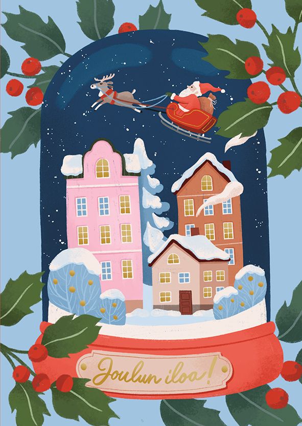 2-osainen kortti joulu Kaisu Sandberg - "Joulun iloa!" lumisadepallo