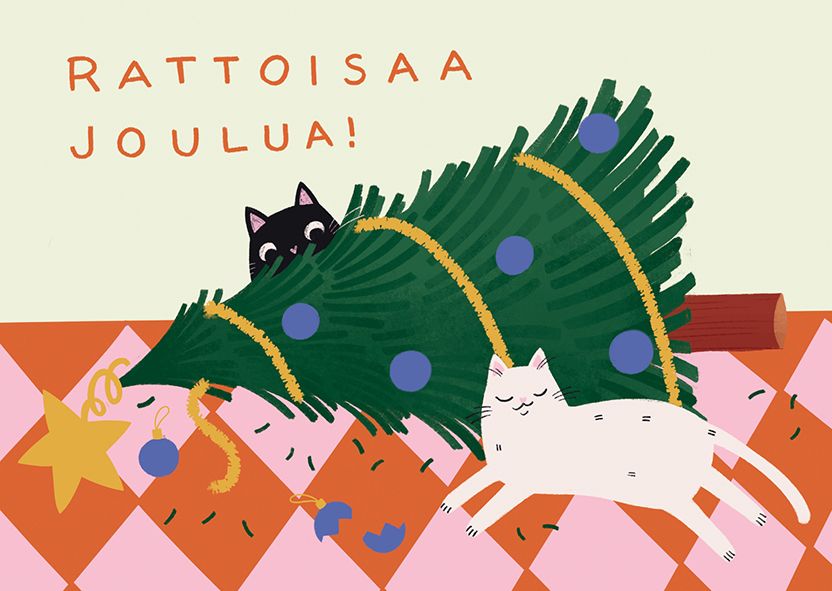 Joulukortti Kaisu Sandberg - "Rattoisaa joulua" kissat ja kaatunut joulukuusi
