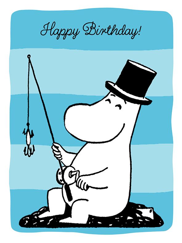 2-osainen kohopainokortti Muumi - Muumipappa ongella Happy Birthday!