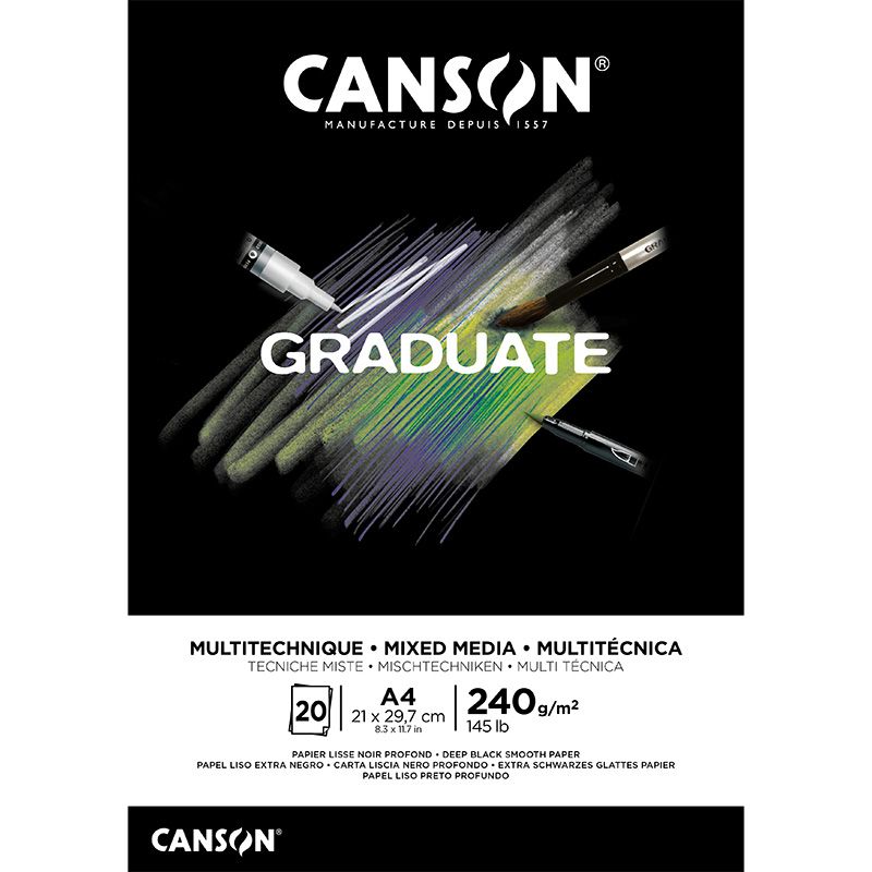 Canson Graduate Mixed Media Black A4 240g (20), Mixed media lehtiö musta paperi