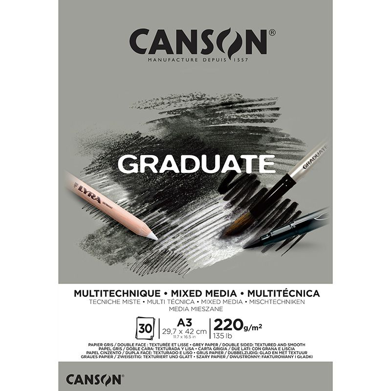 Canson Graduate Mixed Media Grey A3 220g (30), Mixed media lehtiö, harmaa paperi