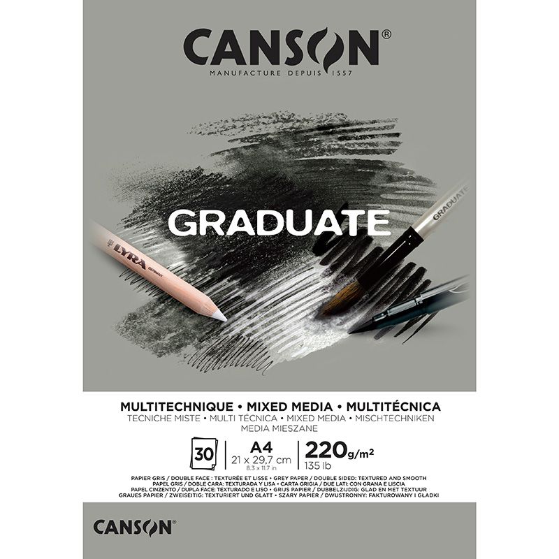 Canson Graduate Mixed Media Grey A4 220g (30), Mixed media lehtiö, harmaa paperi