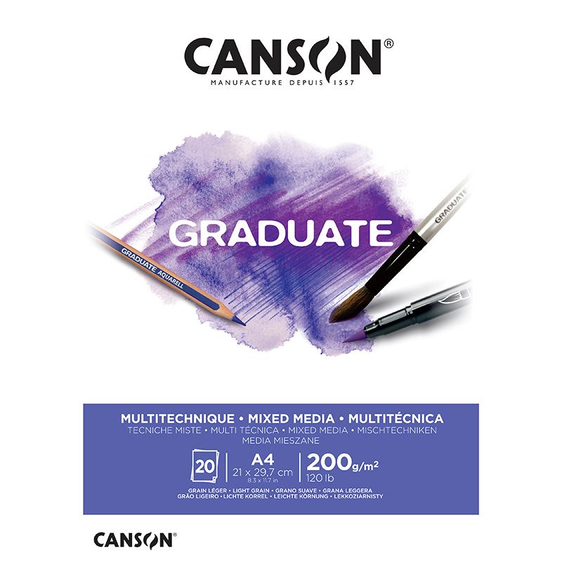 Canson Graduate Mixed Media White A4 200g (20), Mixed Media lehtiö, valkoinen paperi