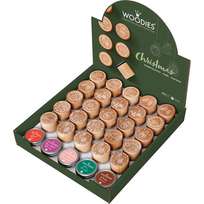 CP Woodies Display Christmas sisältöineen, 25 leimasinta, 5 värityynyä