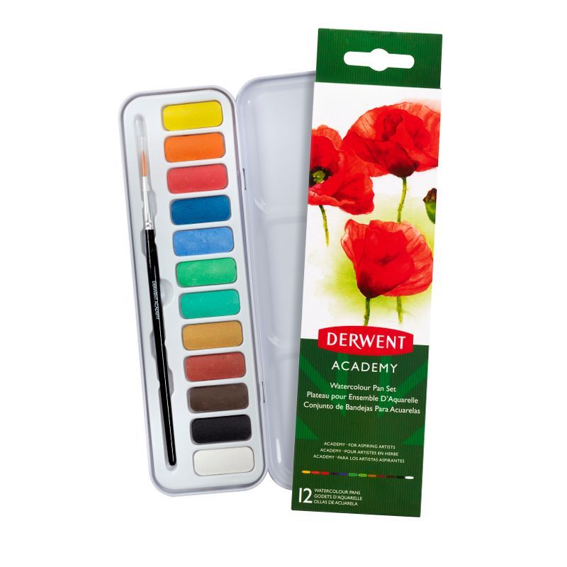 Derwent Academy Watercolour 12 nappia + sivellin, TL saatavilla niin kauan kuin valmistajalla saldoa