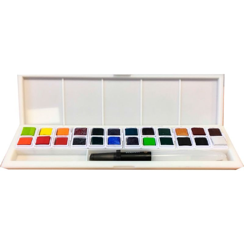 Derwent Inktense Paint Pan Set 24 + välineet, mm. säiliösivellin, sieni ja mustevärilajitelma