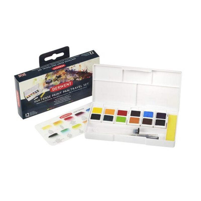 Derwent Inktense Paint Pan Travel Set 01 +säiliösi, säiliösivellin, sieni ja 12 mustevärinappia (1/2)